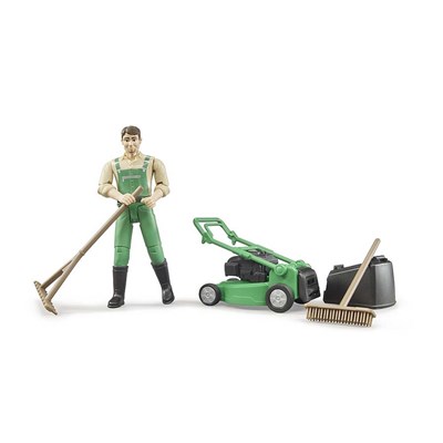 Gardener with lawnmower and equipment
