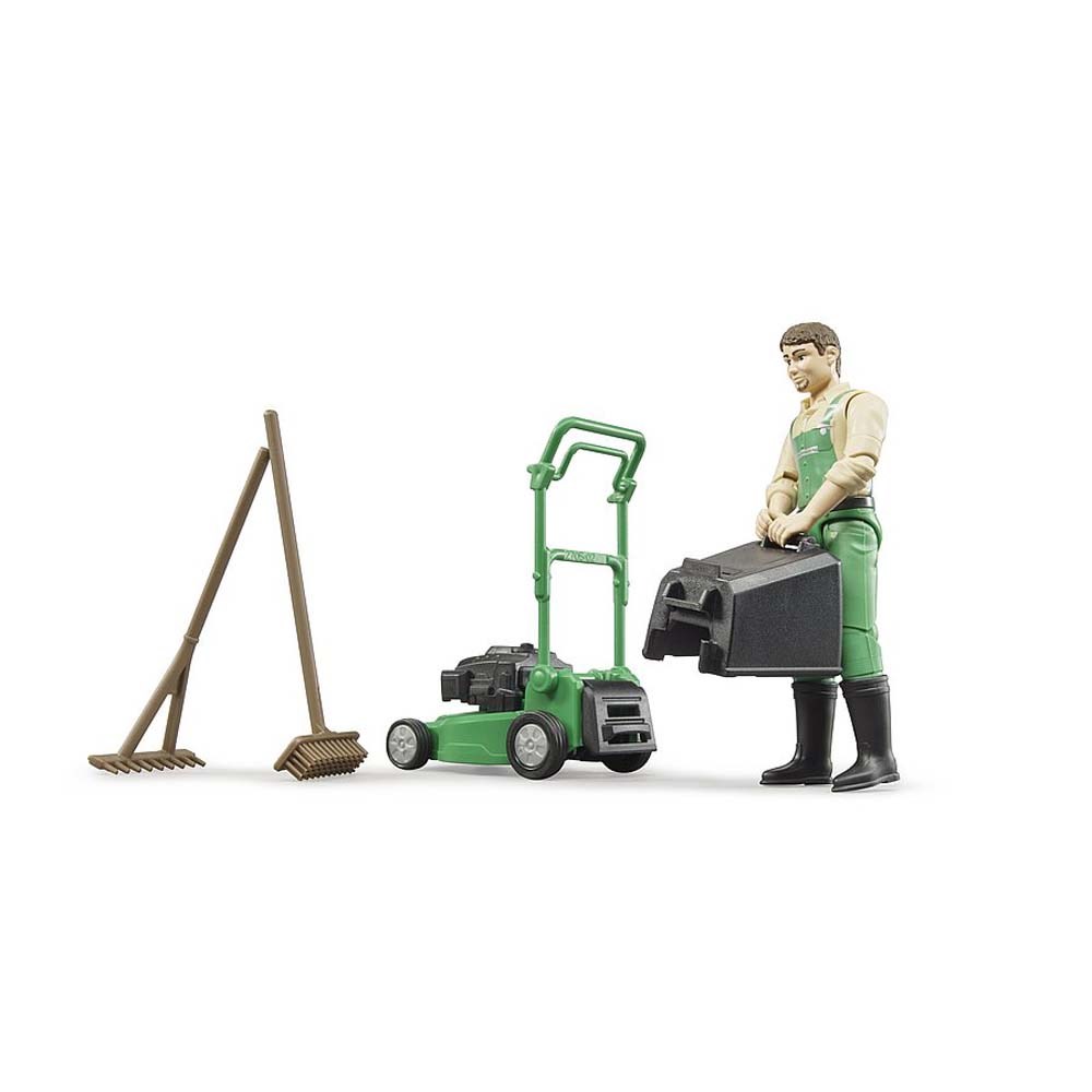 Gardener with lawnmower and equipment