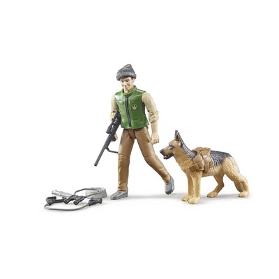 Forest ranger with dog and equipment