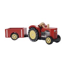 Punainen traktori perävaunulla ja Bertie